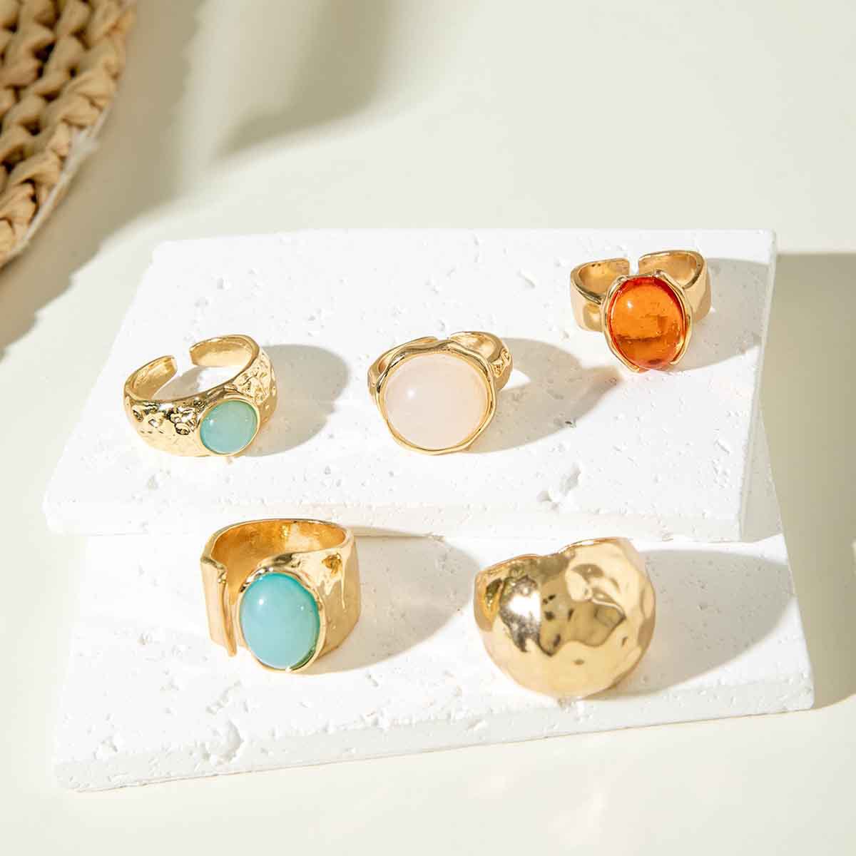 Retro Gemstone Ring Set – Gold Alloy Adjustable Rings for Women (5-pieces)