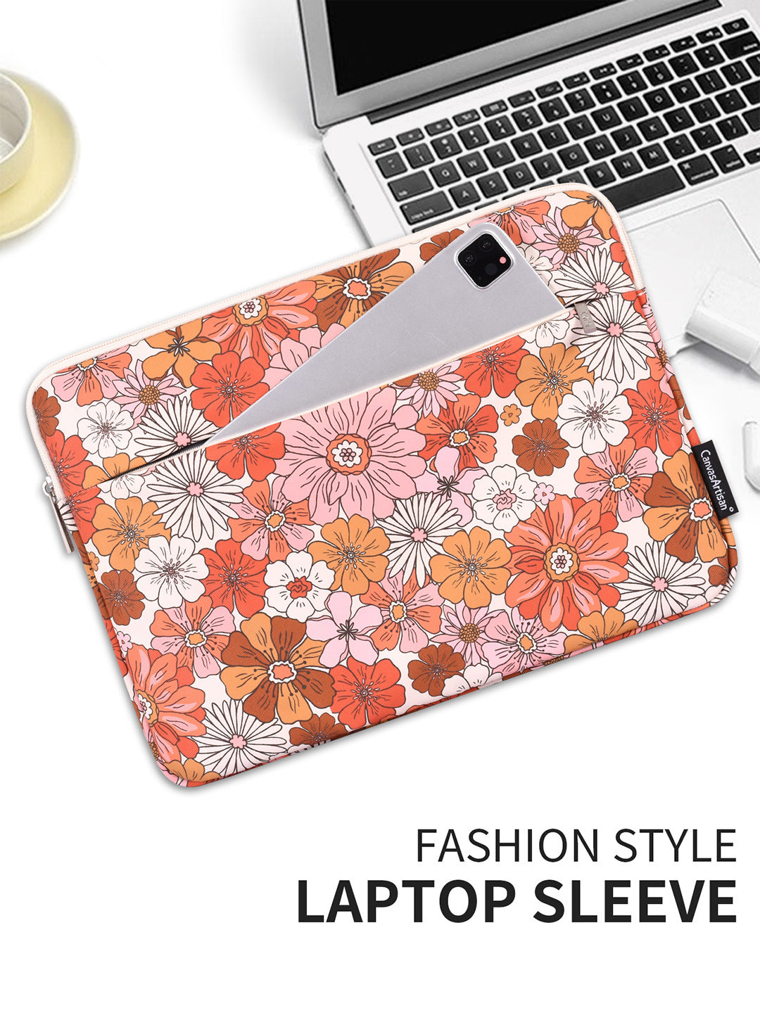 Dual Compartment Orange Floral Laptop Sleeve – Waterproof  Case for 11–15" Laptop
