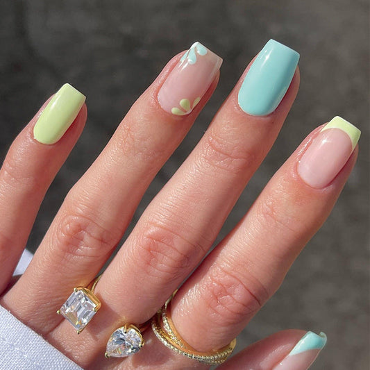 Pastel Mix Square Glue-On Press-On Nails with Floral Block Design – Wearable Nails