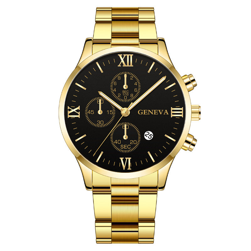 Men's Roman Dial Steel Strap Watch with Calendar – Fashion Three-Eye Design