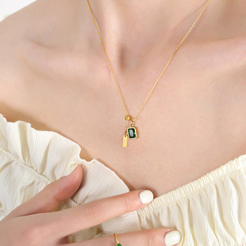 Green Emerald Drop Pendant Necklace – Titanium Steel Minimal Chic Jewelry