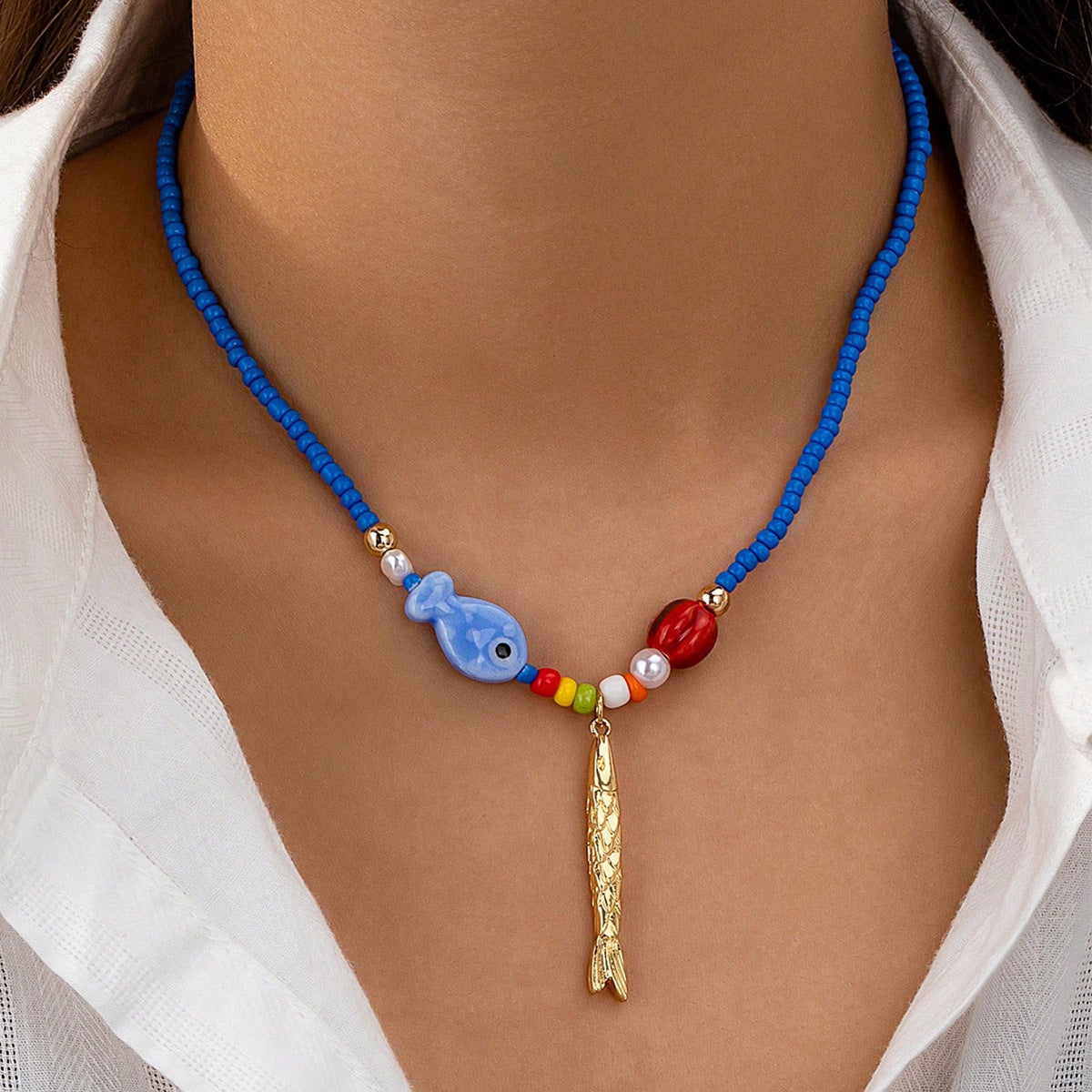 Bohemian Blue Beaded Necklace – Fish Pendant Beach Jewelry for Women