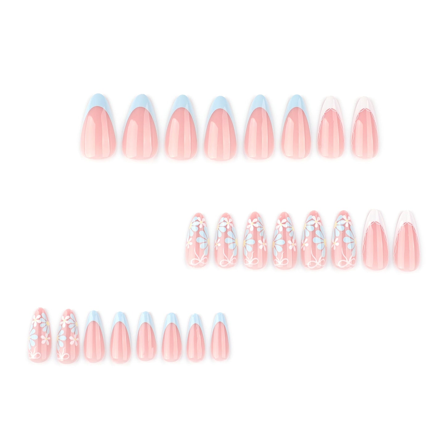 Long Almond Floral Press-On Nails with Matte Daisies & Bow – Cute Glue-On Nail Art