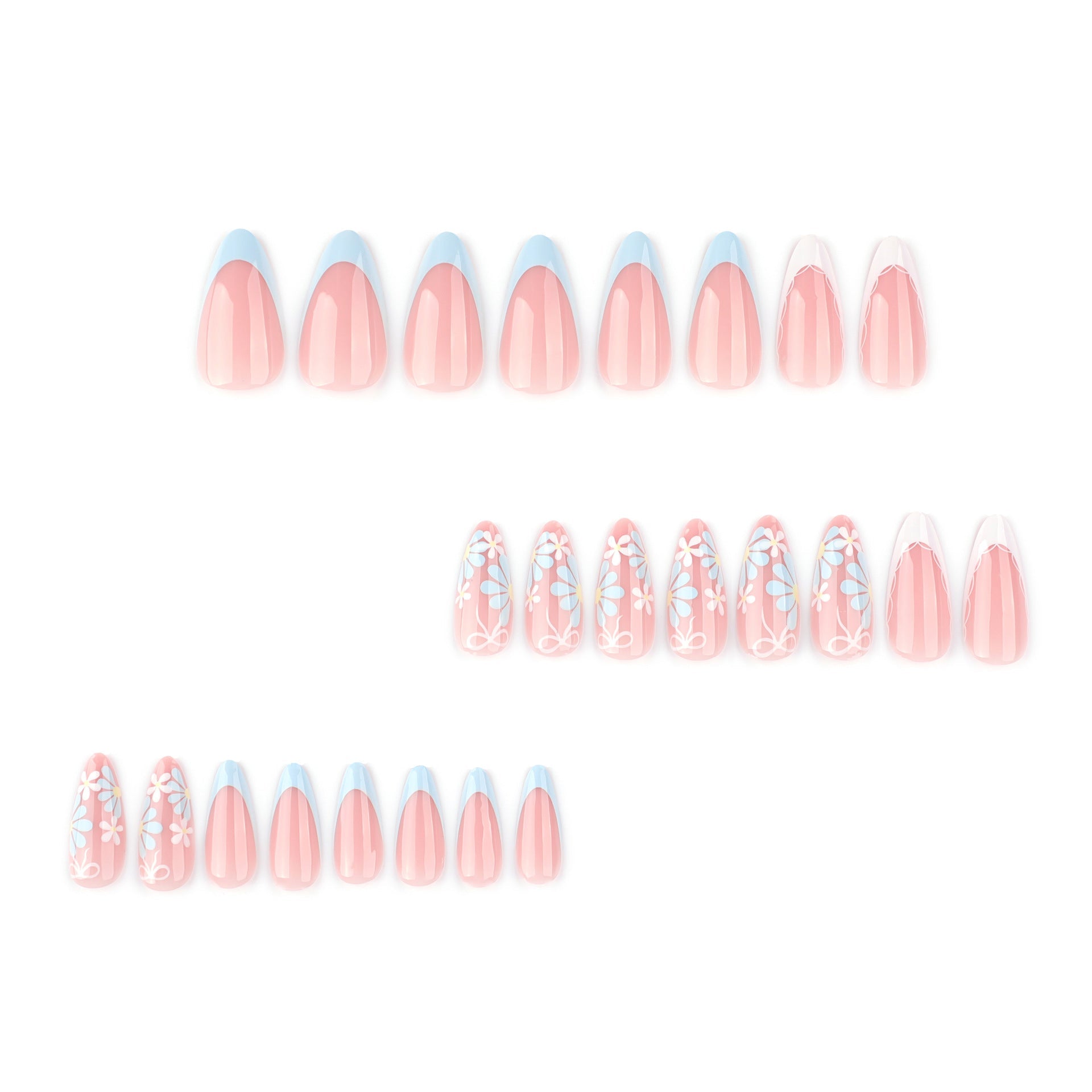 Long Almond Floral Press-On Nails with Matte Daisies & Bow – Cute Glue-On Nail Art