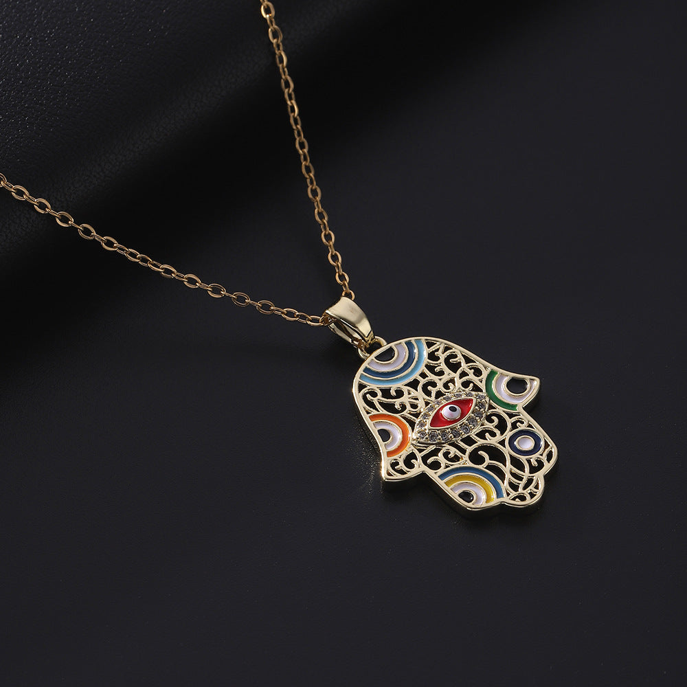 Evil Eye Palm Pendant Necklace – Unisex Hip Hop Gold-Plated Copper Chain