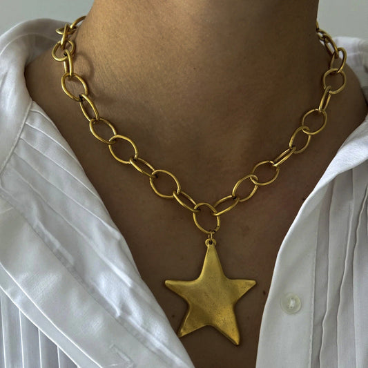 Gold Star Pendant Necklace – Trendy Alloy Geometric Chain Jewelry for Women