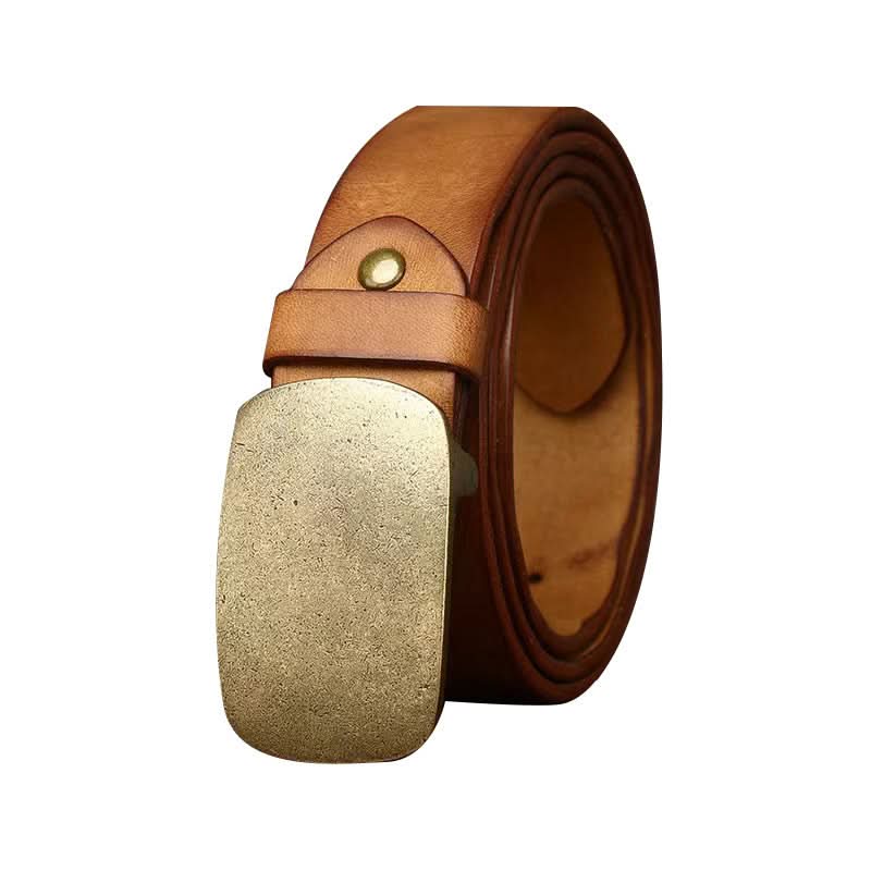 Men’s Retro Leather Belt – Vintage Smooth Copper Buckle