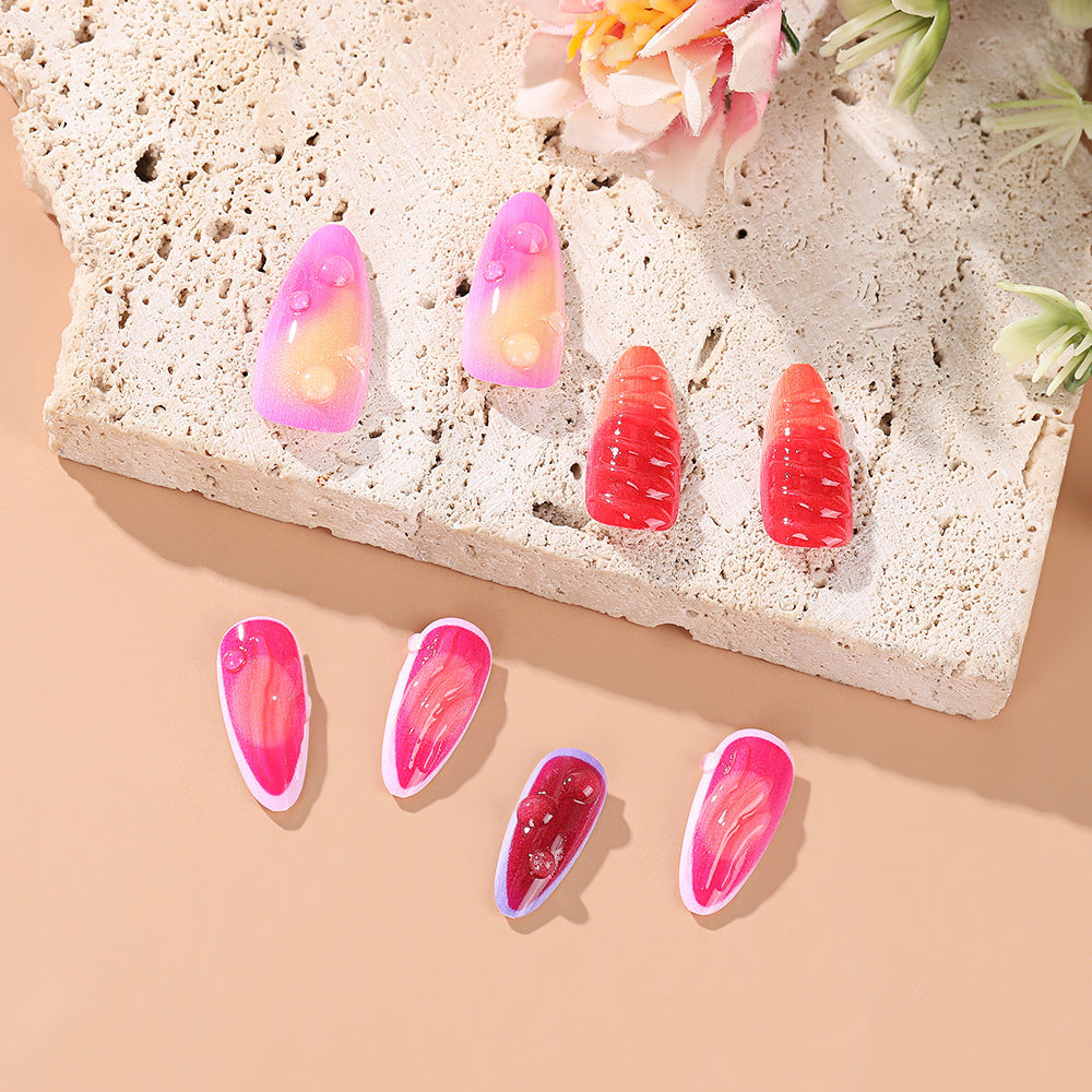 Trendy Almond Press-On Nails – Gradient Gel with Glossy Water Droplet Design Nails