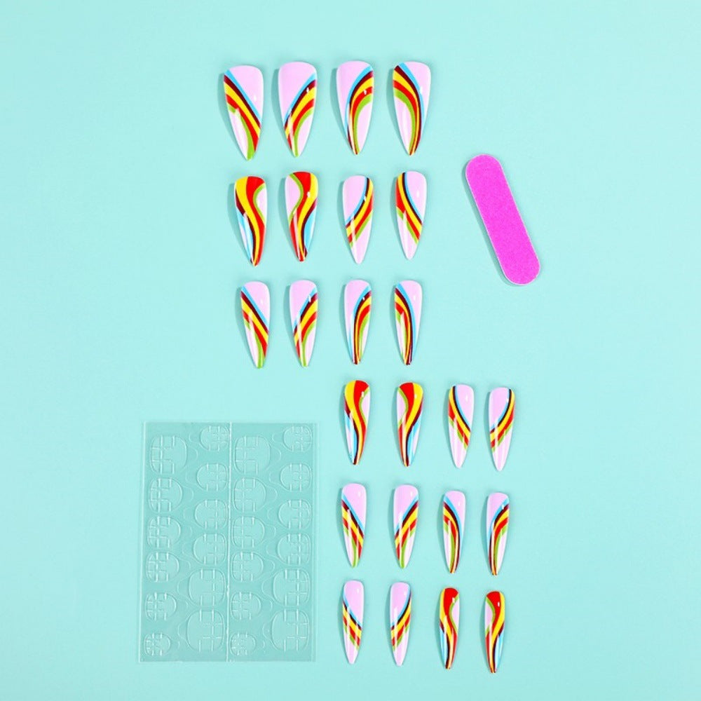 Dreamy Rainbow Stiletto Press-On Nails – Long Colorful Swirl Almond Tips