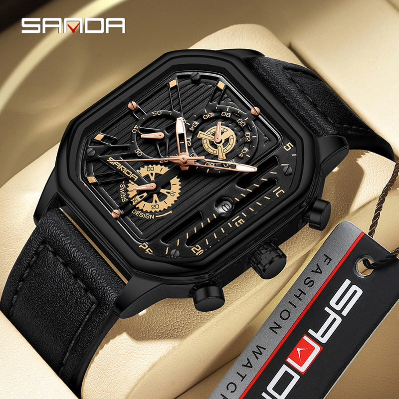 SANDA Men's Leather Square Quartz Watch – Multifunction Calendar Waterproof Timepiece