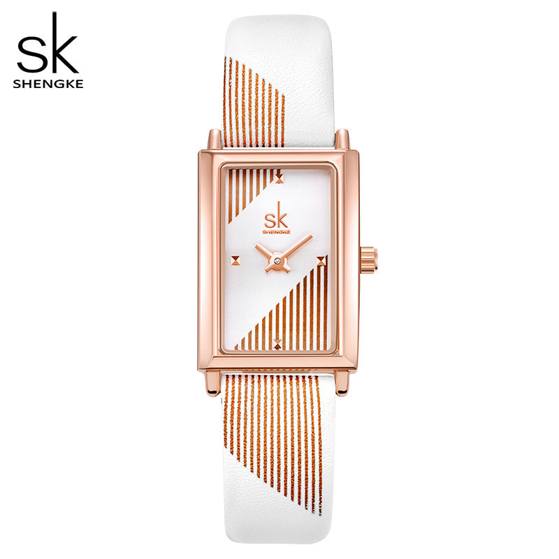 SK Women’s Quartz Watch – Creative Rectangle Dial, Leather Strap, Waterproof Wristwatch