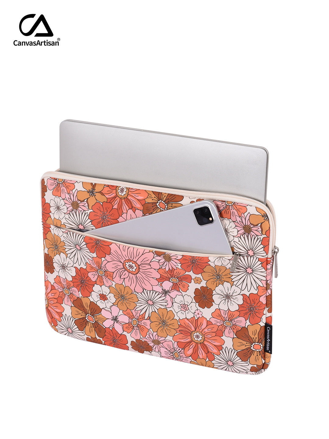 Dual Compartment Orange Floral Laptop Sleeve – Waterproof  Case for 11–15" Laptop