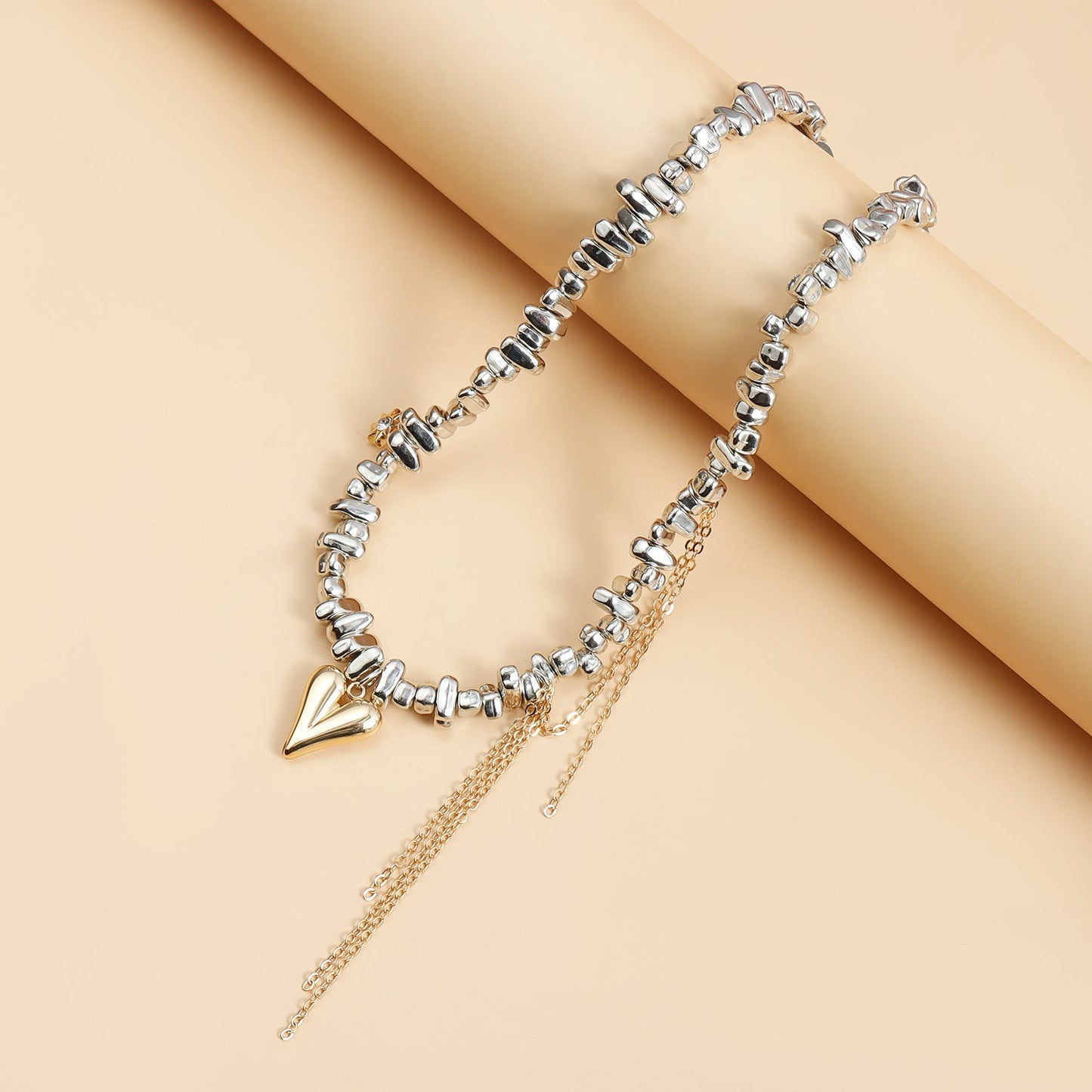Silver Heart Tassel Necklace for Women – Irregular Beaded Clavicle Chain Jewelry