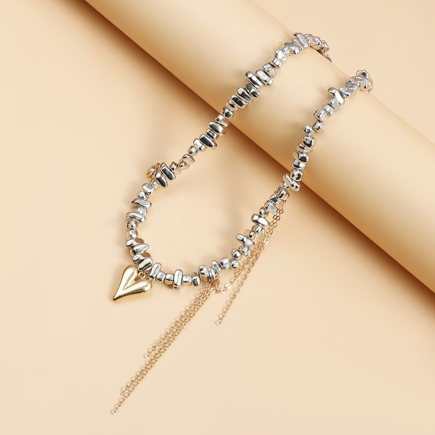 Silver Heart Tassel Necklace for Women – Irregular Beaded Clavicle Chain Jewelry