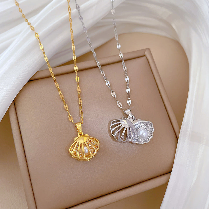 Luxury Zircon Shell Pearl Necklace – Titanium Steel Pendant with Micro-Inlaid Pearl