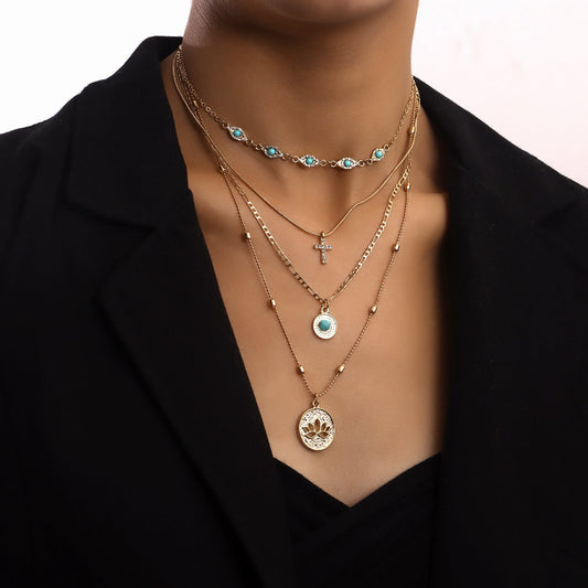 Layered Cross Pendant Necklace for Women – Gold Beaded Chain Hollow Flower Jewelry