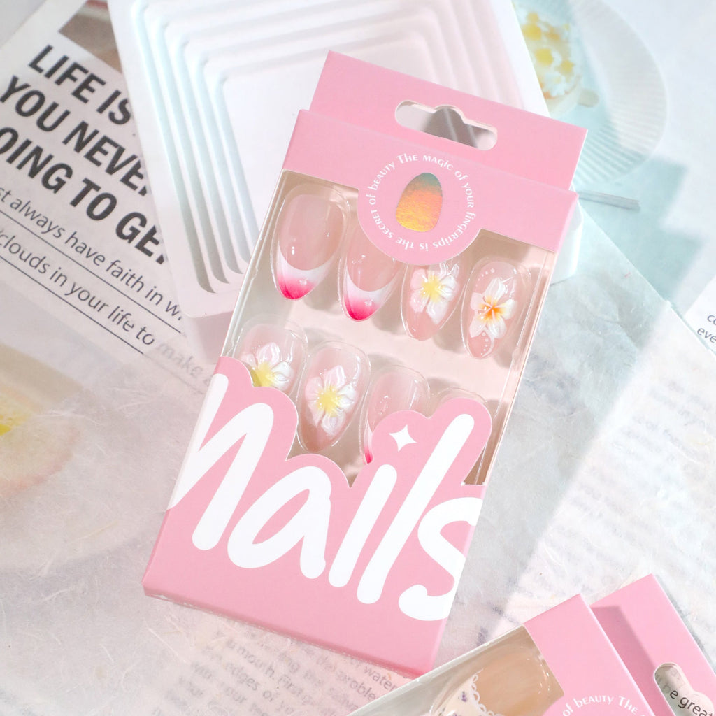Tropical Floral 3D Press-On Nails – Oval Ombre Acrylic with Flowers & Swirl Design