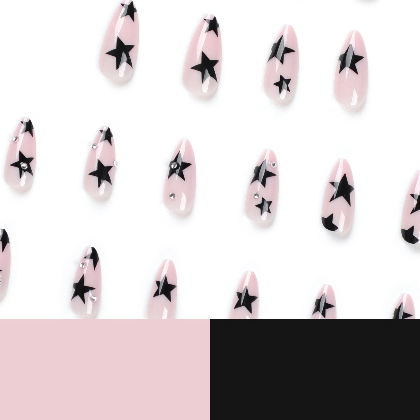 Pink and Black Coffin Press-On Nails – Glossy Rhinestone Star Design Set