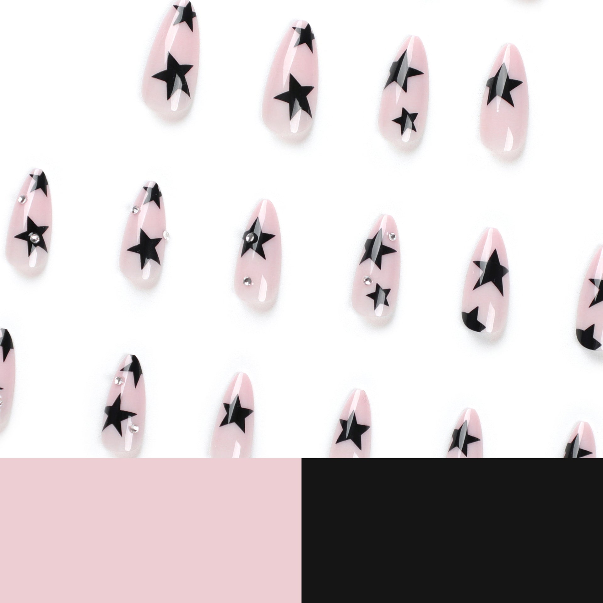 Pink and Black Coffin Press-On Nails – Glossy Rhinestone Star Design Set
