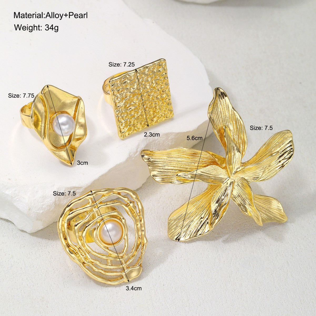 Irregular Flower Ring Set – 4-Piece Gold Alloy Women’s Rings, Trendy Statement Jewelry