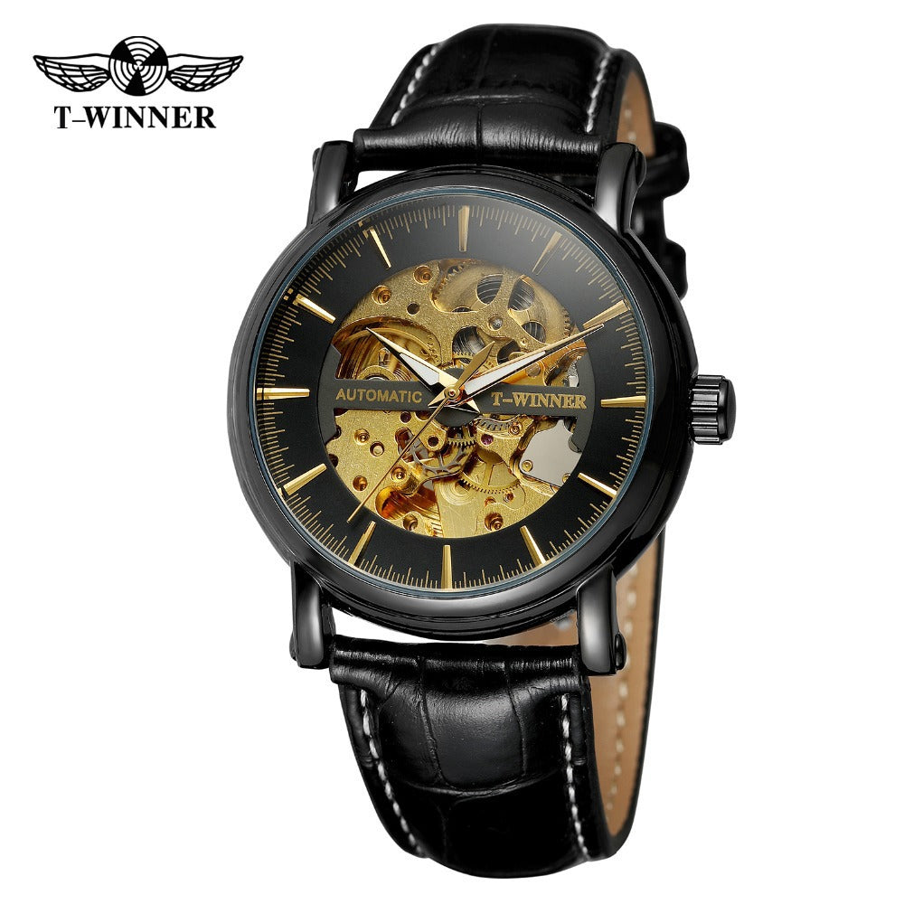 T-WINNER Automatic Mechanical Watch for Men – Hollow Dial Leather Strap Timepiece