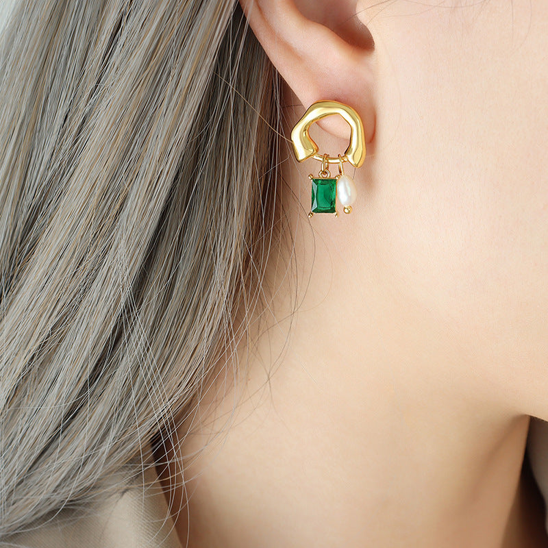 Geometric Pearl Drop Earrings for Women – Green Crystal Pendant, Fashion Office Style