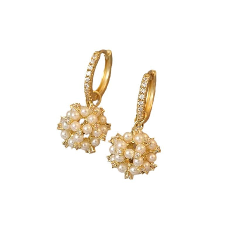 Women’s Pearl Zircon Earrings – Gold Geometric Drop Design