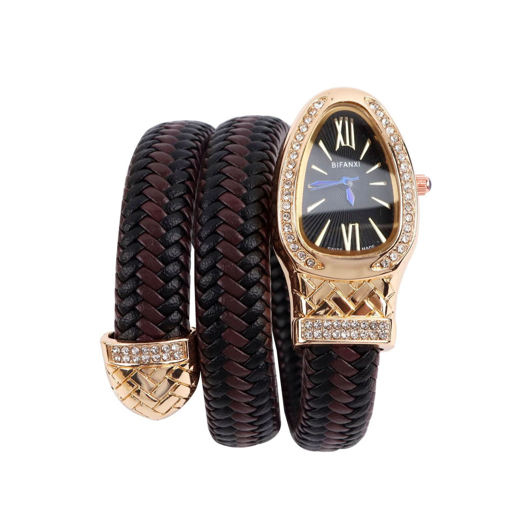 Women's Snake-Inspired Quartz Watch – Braided Leather Strap