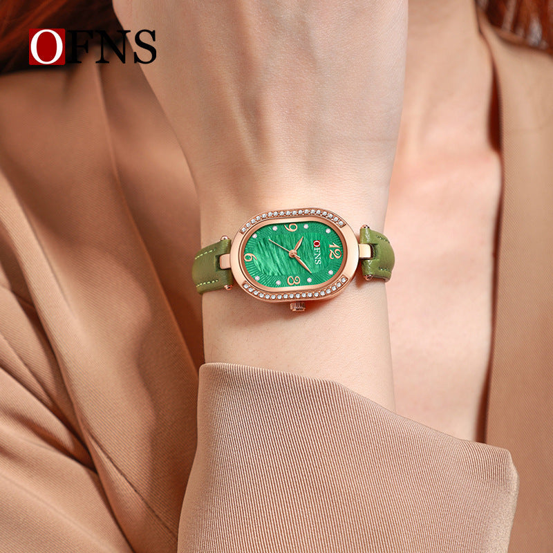 OFNS Diamond Oval Quartz Watch – Waterproof Watch for Women with Leather Strap