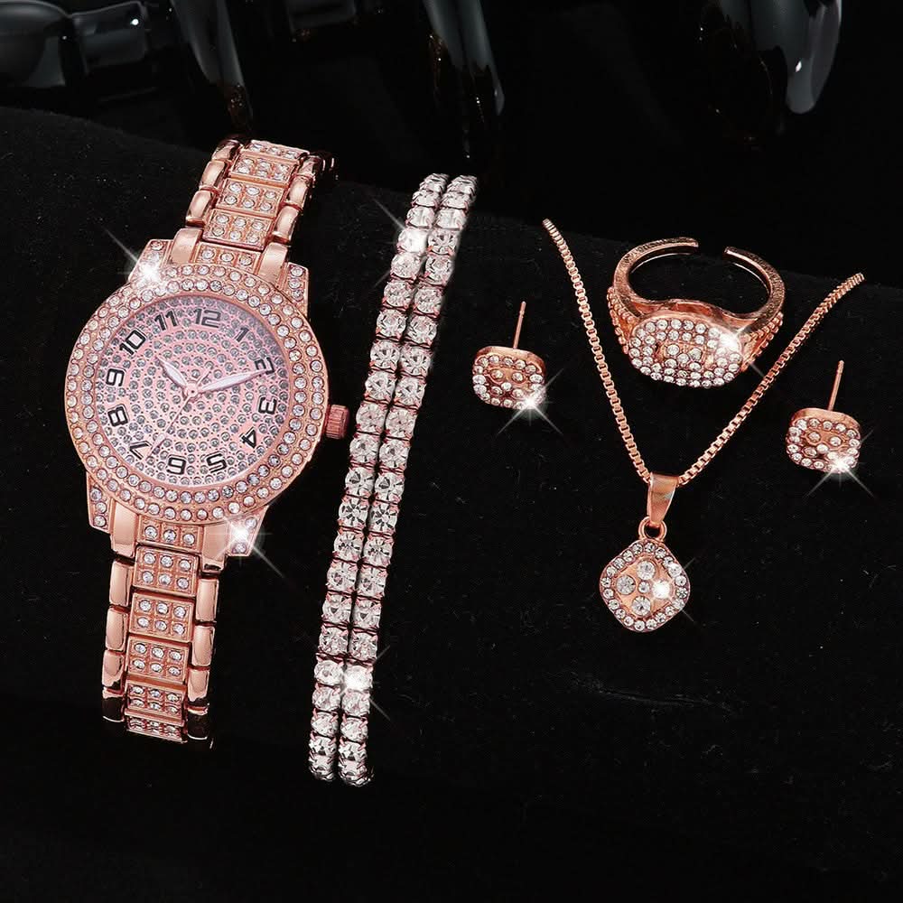 Luxury Full-Diamond Steel Quartz Watch – Roman Numerals, Hip-Hop Style Bracelet Set