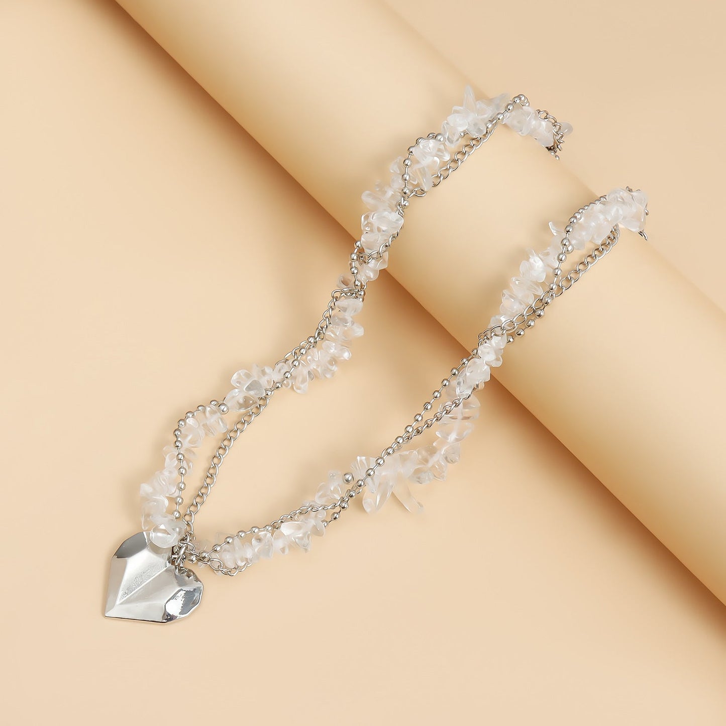 Elegant Heart Crystal Necklace – Silver Multi-Layer Clavicle Chain for Women