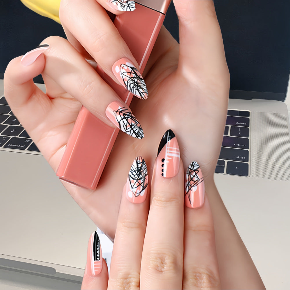 Abstract Stiletto Press-On Nails – Nude & Black Long Artistic Line & Dot Design Set