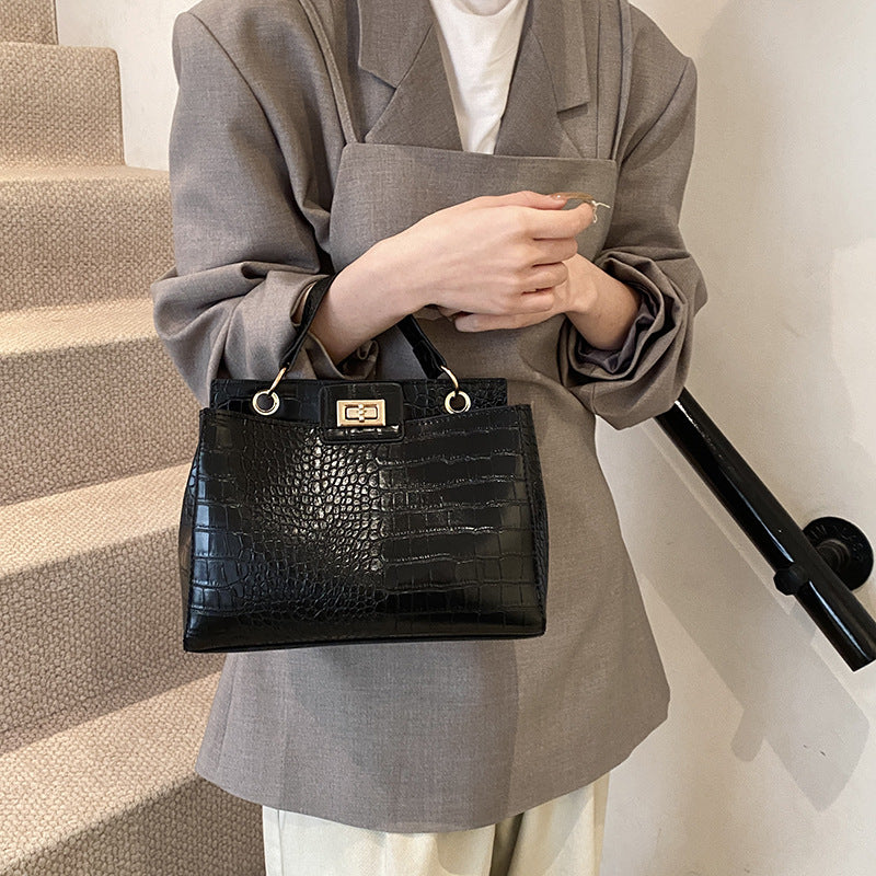 Retro PU Bucket Handbag for Women – Croc Texture Crossbody Shoulder Bag
