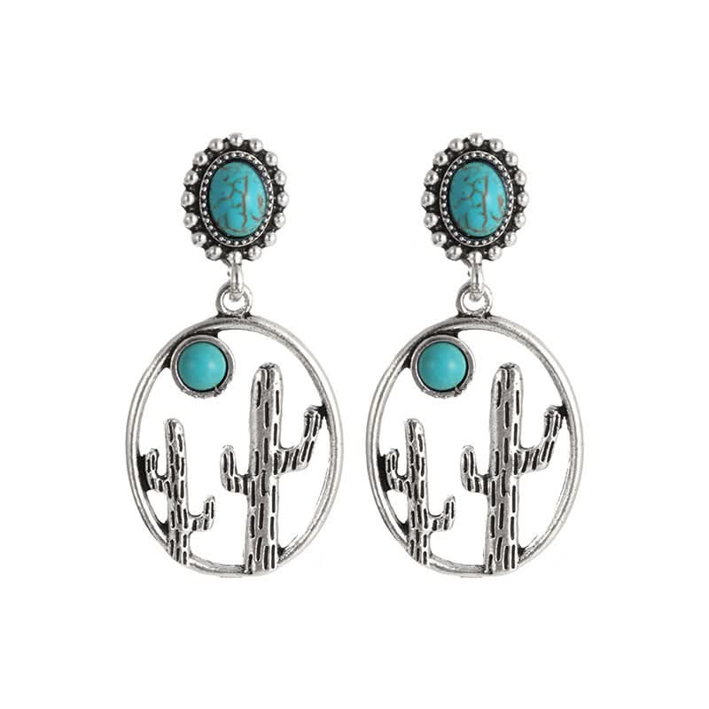 Vintage Turquoise Cactus Earrings – Boho Western Dangle Earrings for Women