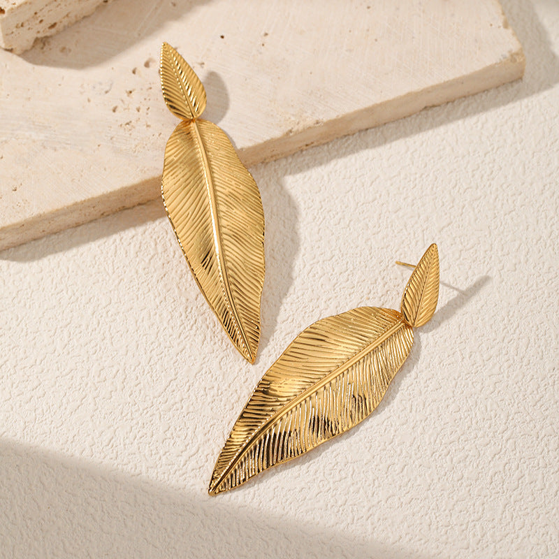 Gold Leaf Drop Earrings – Stainless Steel Textured Pendant Jewelry for Women
