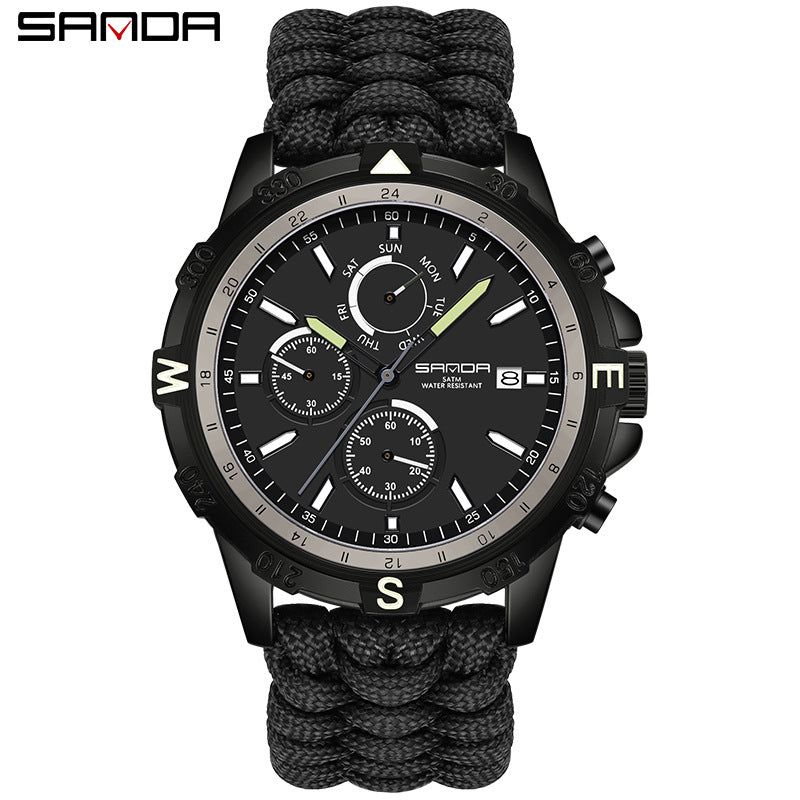Sanda Men’s Outdoor Sports Quartz Watch – Detachable Braided Strap, Waterproof Watch