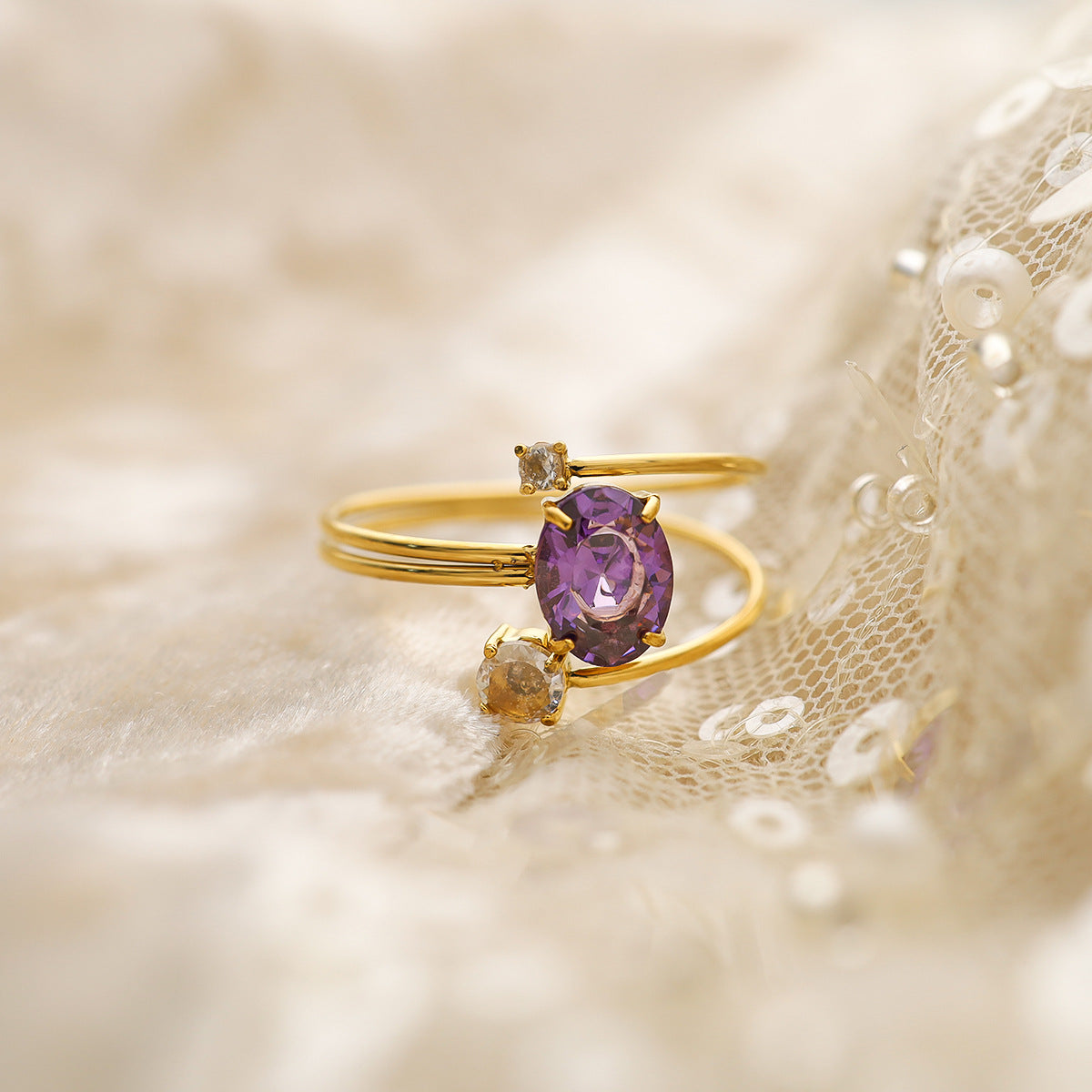 Purple Zircon Titanium Steel Ring – Adjustable Gold-Plated Luxury Women’s Jewelry