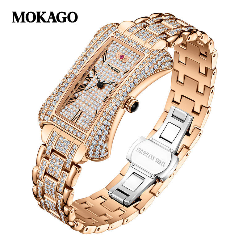 MOKAGO Ladies Diamond Quartz Watch – Luxury Rectangular Fashion Timepiece