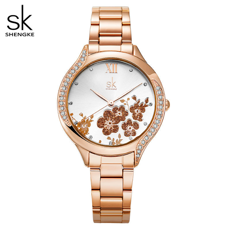 SK Women’s Diamond Quartz Watch – Cherry Blossom Dial, Waterproof Fashion Timepiece