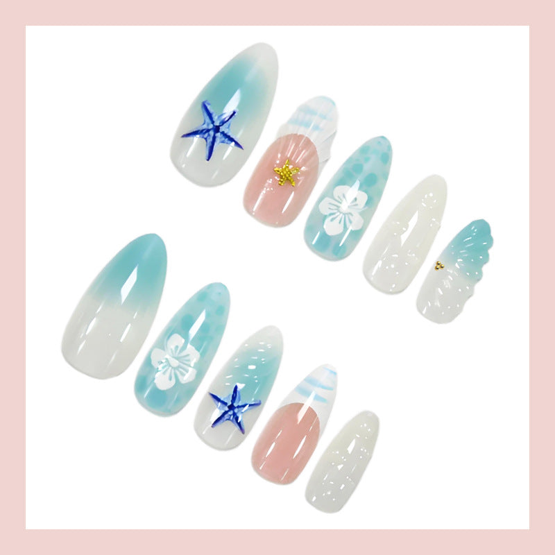 Blue Starfish Almond Press-On Nails – 3D Beachy Gradient Summer Nail Art