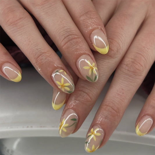 Floral French Tip Press-On Nails – Short Almond Shape, Yellow Daisy Design