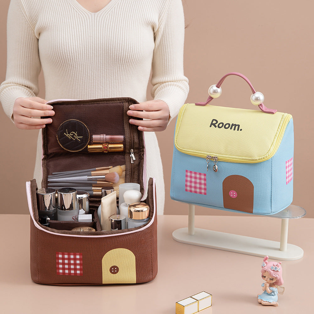 Cute House Cosmetic Bag – Large Capacity Travel Makeup Organizer with Wide Opening