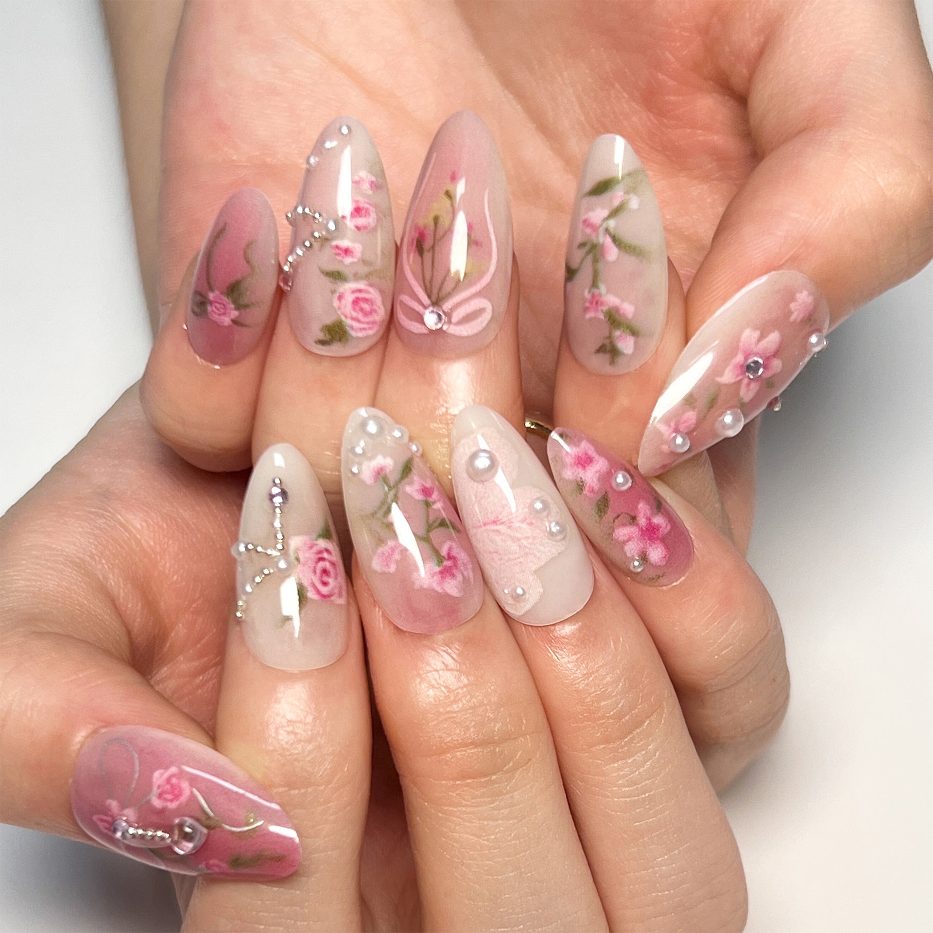 Romantic Rose Press-On Nails – Long Almond Floral Design with Pearls & Bows