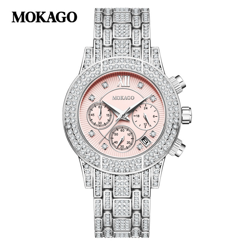 MOKAGO Women’s Luxury Diamond Quartz Watch – Calendar Display, Alloy Strap