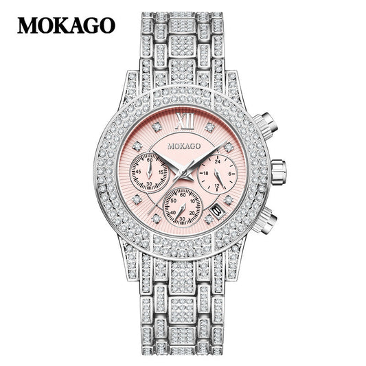 MOKAGO Women’s Luxury Diamond Quartz Watch – Calendar Display, Alloy Strap
