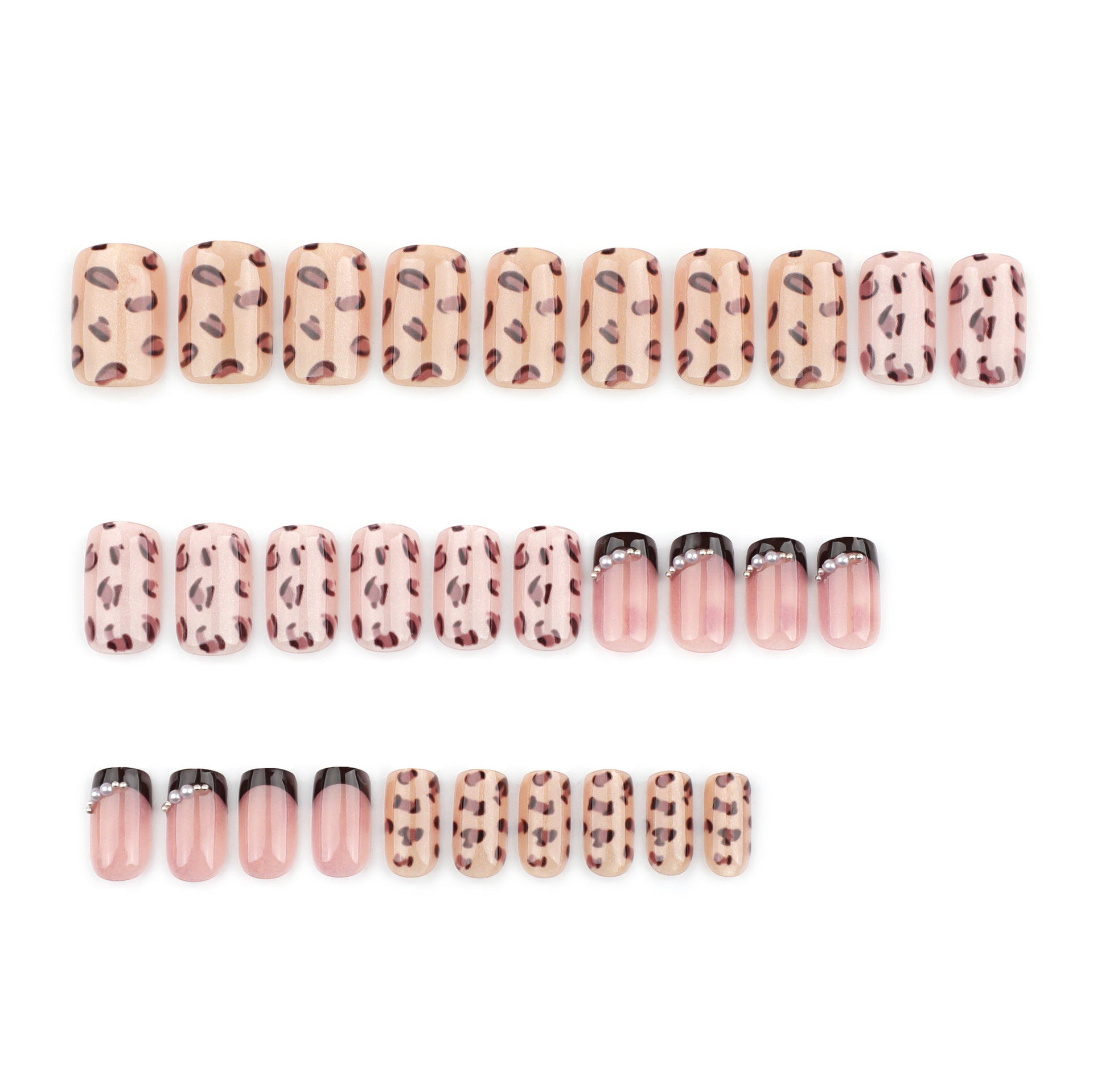 Leopard Print Press-on Nails – Glossy Square Gradient Design with Pearls
