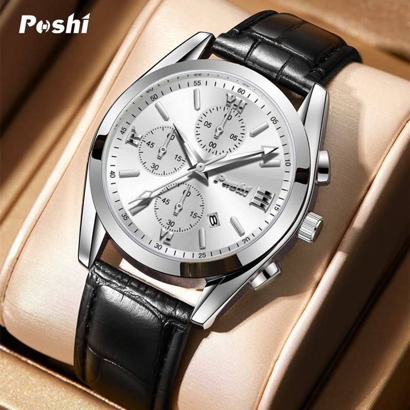 Men’s Luminous Dial Quartz Watch – Leather Strap, Calendar