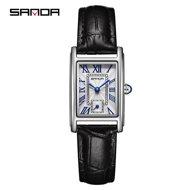 Sanda Women’s Classic Square Quartz Watch – Leather Strap, Semi-Waterproof Watch