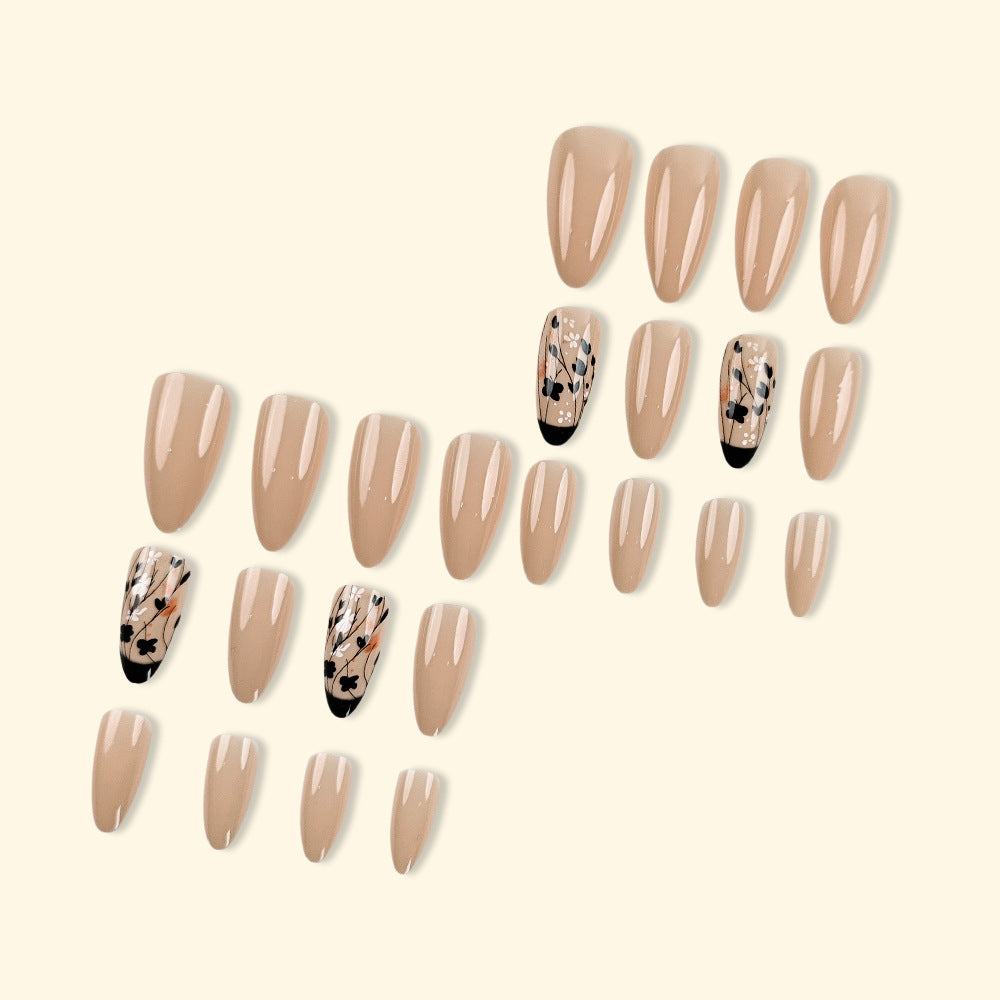 French Tip Press-On Nails with Floral Accents, Almond Medium Acrylic Glue-On Nails