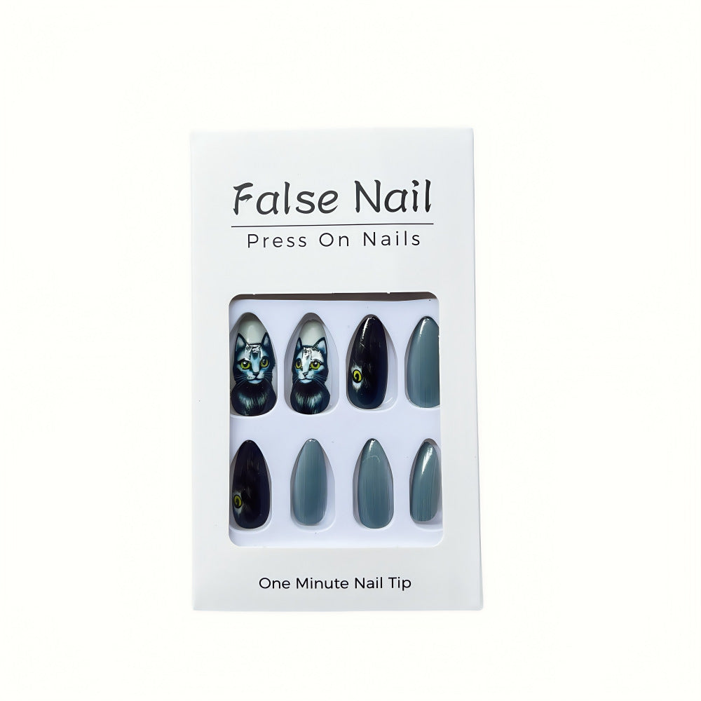 Gray Cat Design Stiletto Press-On Nails – Long Artistic Glue-On Acrylic Set